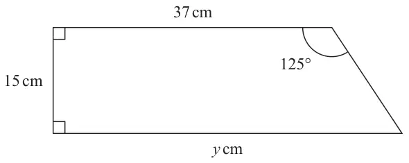 Right-angled trapezium: top side 37 cm, left side 15 cm perpendicular to both parallel sides, bottom side y cm, and the obtuse angle at the top right is 125 degrees