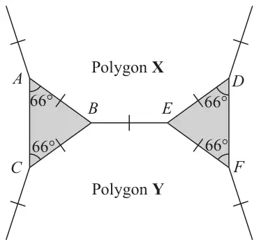 Two shaded isosceles triangles ABC and DEF with base angles 66° at A, C, D and F, joined by the side BE; polygon X lies above and polygon Y below, sharing the sides from B and E