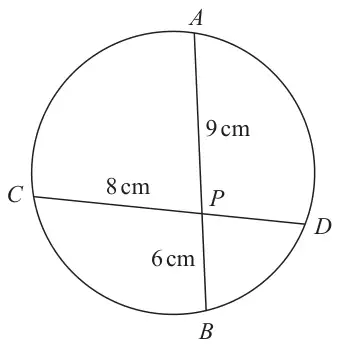 Circle with chords APB and CPD crossing at P; AP = 9 cm, PB = 6 cm, CP = 8 cm