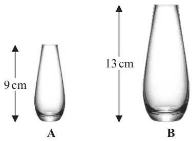 Two similar vases: vase A of height 9 cm and vase B of height 13 cm