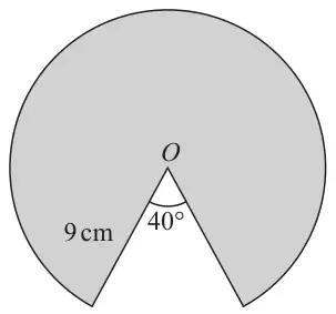 Circle with centre O and radius 9 cm with a sector of angle 40 degrees removed; the remaining major sector is shaded