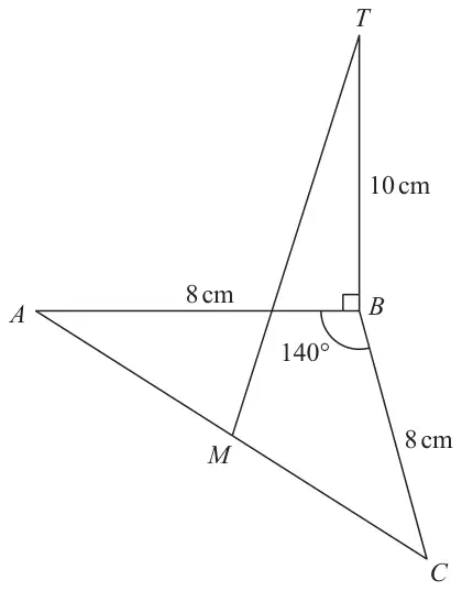 Triangle ABC in a horizontal plane with AB = BC = 8 cm and angle ABC = 140 degrees; M is the midpoint of AC; T is 10 cm vertically above B and the line MT is drawn
