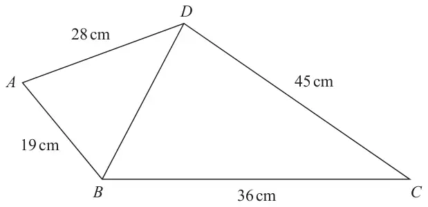 Quadrilateral ABCD with diagonal BD; AD = 28 cm, AB = 19 cm, DC = 45 cm and BC = 36 cm