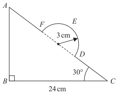 Right-angled triangle ABC with the right angle at B, BC = 24 cm and angle BCA = 30 degrees; a semicircular arc DEF of radius 3 cm stands on AC
