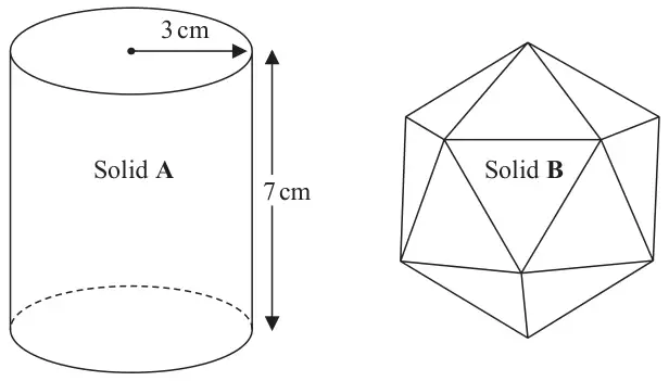 Solid A, a cylinder with radius 3 cm and height 7 cm, and Solid B, a polyhedron