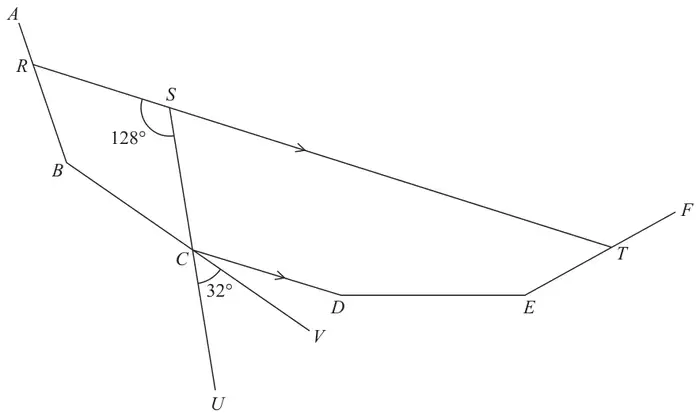 Five sides AB, BC, CD, DE, EF of a regular polygon; line RST parallel to CD; line SCU crosses RST at S and passes through C; BC extended to V; angle RSC = 128° and angle UCV = 32°