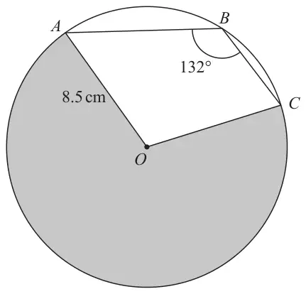 Circle centre O with A, B and C on the circle; angle ABC = 132°; radius OA = 8.5 cm; the major sector AOC is shaded