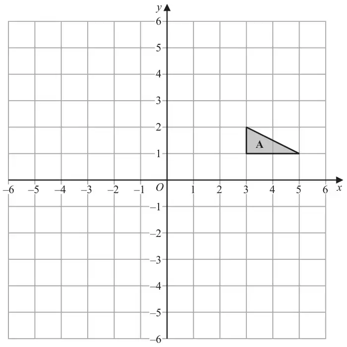 Grid with x and y from −6 to 6 showing triangle A with vertices (3, 1), (3, 2) and (5, 1)