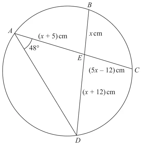 Circle with chords AEC and BED crossing at E; AE = (x + 5) cm, BE = x cm, CE = (5x − 12) cm, DE = (x + 12) cm; angle DAE = 48°