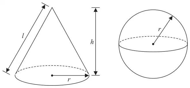 Solid cone with slant height l, perpendicular height h and base radius r, and a solid sphere with radius r