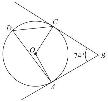 Circle centre O with points A, C and D on the circle; tangents from B touch the circle at A and C; angle ABC = 74°; D is joined to A and to C, and O is joined to A and to C