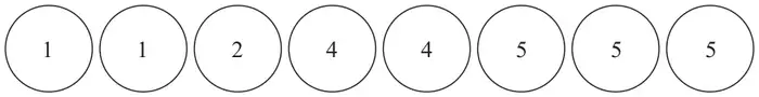 Eight counters numbered 1, 1, 2, 4, 4, 5, 5, 5