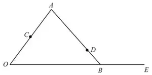 Sketch of triangle OAB with C on OA, D on AB, and OB extended to E