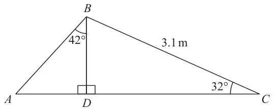 Triangle ABC with D on AC and BD perpendicular to AC; BC = 3.1 m, angle BCD = 32° and angle ABD = 42°