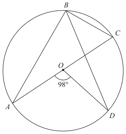 Circle with centre O; AOC is a diameter, angle AOD = 98°, and chords BA, BC and BD are drawn from B