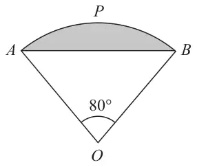 Sector OAPB with angle AOB = 80°; the segment between chord AB and arc APB is shaded