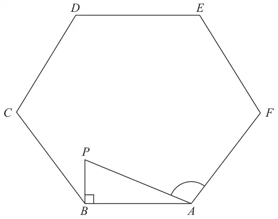 Regular hexagon ABCDEF with AB along the bottom; P is directly above B so that triangle ABP has a right angle at B; angle PAF is marked