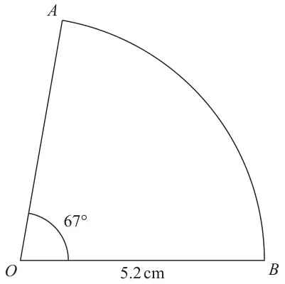 Sector AOB with angle AOB = 67 degrees and radius OB = 5.2 cm