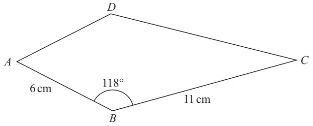 Kite ABCD with AB = 6 cm, BC = 11 cm and angle ABC = 118 degrees