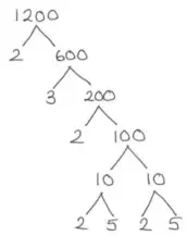Factor tree: 1200 splits into 2 and 600; 600 into 3 and 200; 200 into 2 and 100; 100 into 10 and 10; each 10 into 2 and 5