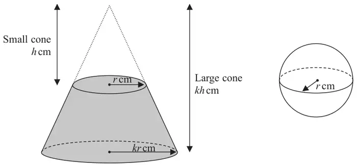 A shaded frustum with top radius r cm and base radius kr cm; the removed small cone of height h cm is shown dotted on top, and the large cone has height kh cm. Beside it, a sphere of radius r cm