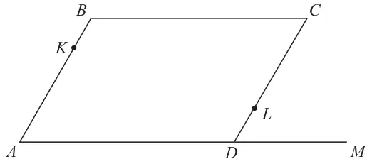 Parallelogram ABCD with AD along the bottom extended to M; K is on AB and L is on CD