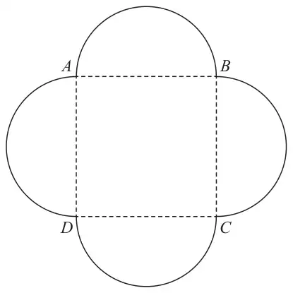Square ABCD drawn dashed, with a semicircle drawn outwards on each of its four sides