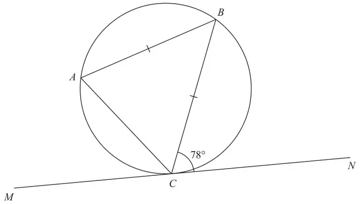 Triangle ABC inscribed in a circle with AB and CB marked equal; MN is the tangent at C and angle BCN = 78 degrees