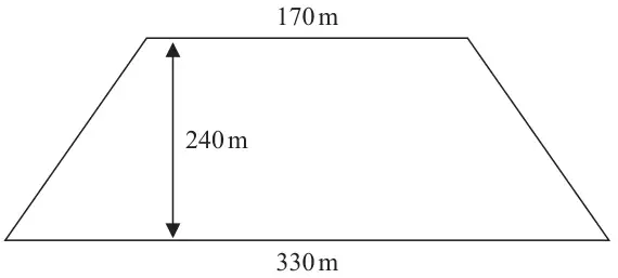 Trapezium with parallel sides 170 m and 330 m and perpendicular height 240 m