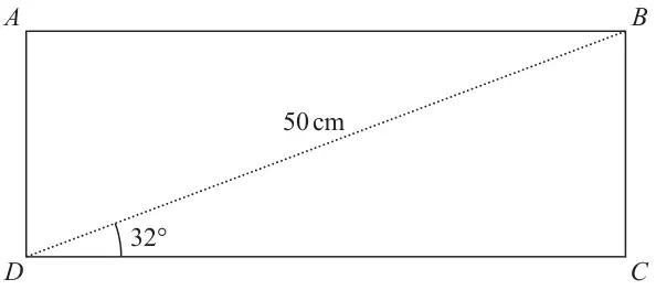 Rectangle ABCD with diagonal BD = 50 cm and angle BDC = 32 degrees