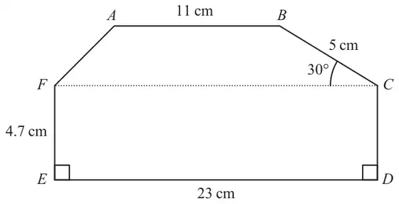 Hexagon ABCDEF made of a rectangle FCDE with FE = 4.7 cm and ED = 23 cm, and a trapezium ABCF on top with AB = 11 cm, BC = 5 cm and angle BCF = 30 degrees; right angles at E and D; FC drawn dotted