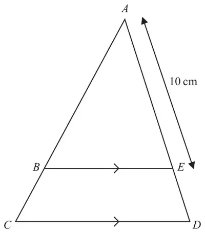 Triangle ACD with B on AC and E on AD; BE is parallel to CD (arrows); AE = 10 cm marked