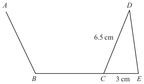 Three sides AB, BC and CD of a regular pentagon, with BC extended to E; triangle CDE with CD = 6.5 cm and CE = 3 cm