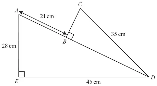 Right-angled triangle ADE with the right angle at E, AE = 28 cm and ED = 45 cm; B is on AD with AB = 21 cm; triangle CDB has a right angle at B and CD = 35 cm