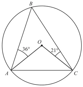 Circle centre O with triangle ABC inscribed and lines OA and OC; angle BAO = 36 degrees and angle BCO = 21 degrees
