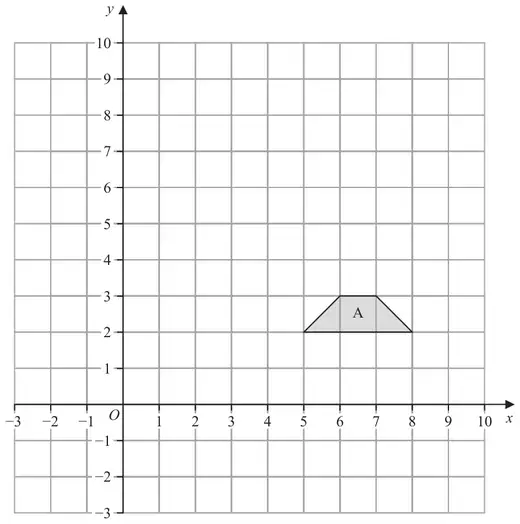Grid with x from -3 to 10 and y from -3 to 10 showing shape A, a trapezium with vertices (5, 2), (6, 3), (7, 3) and (8, 2)