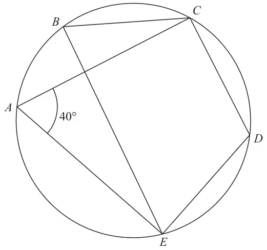 Circle through A, B, C, D and E with chords AC, AE, BC, BE, CD and DE; angle EAC is 40 degrees