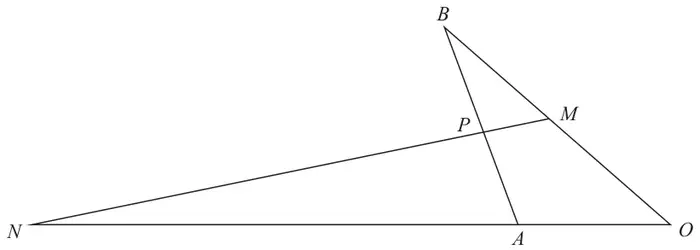 Triangle ONB with A on ON and M on OB; lines AB and MN cross at P