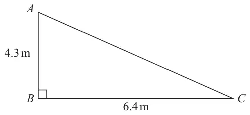Right-angled triangle ABC with the right angle at B, AB = 4.3 m and BC = 6.4 m
