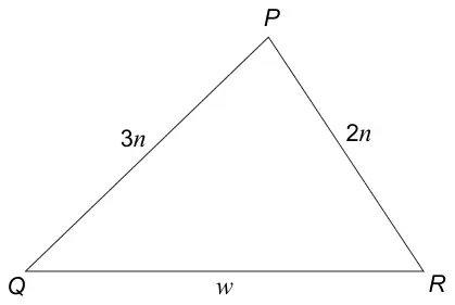 Triangle PQR with PQ = 3n, PR = 2n and QR = w