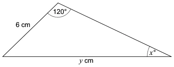 Triangle with sides 6 cm and y cm, angle 120° between the 6 cm side and the third side, and angle x° opposite the 6 cm side