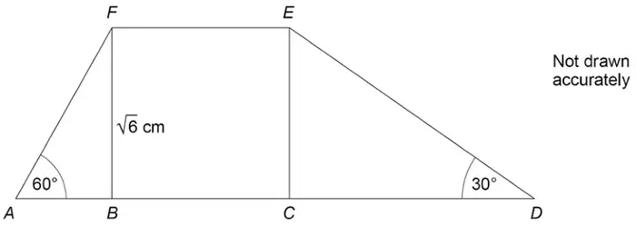 Trapezium ADEF with ABCD a straight line; BCEF a square of side √6 cm; angle FAB = 60° and angle EDC = 30°. Not drawn accurately