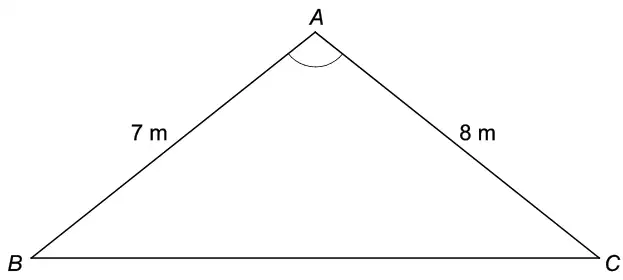 Triangle ABC with AB = 7 m and AC = 8 m, angle at A marked
