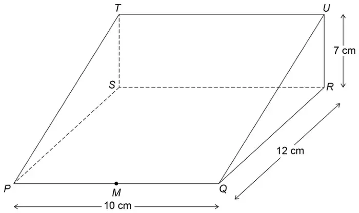 Triangular prism PQRSTU: rectangle PQRS is the horizontal base, U is vertically above R with UR = 7 cm and T above S; PQ = 10 cm, QR = 12 cm, M is the midpoint of PQ
