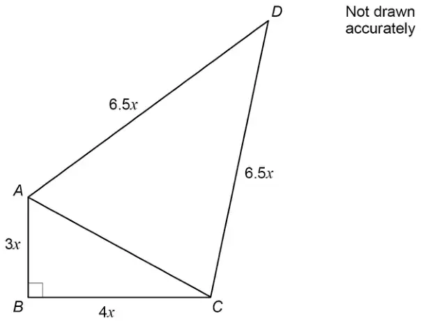 Quadrilateral ABCD: right-angled triangle ABC with AB = 3x, BC = 4x and the right angle at B; isosceles triangle ACD with AD = 6.5x and CD = 6.5x. Not drawn accurately