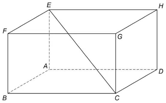 Cuboid ABCDEFGH with the diagonal CE drawn; BC = 15 cm, CD = 12 cm, DH = 8 cm