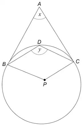 Circle centre P. Tangents AB and AC meet at A outside the circle, with angle BAC = x. D is on the minor arc BC; BD, DC, BP and CP are drawn and angle BDC = y