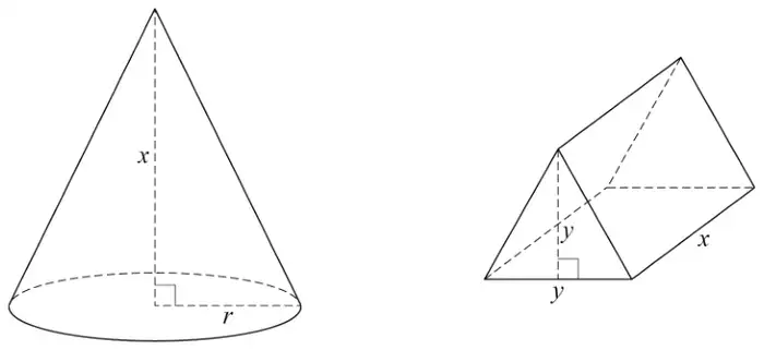 A cone with base radius r and perpendicular height x, and a triangular prism of length x whose triangular cross section has base y and perpendicular height y