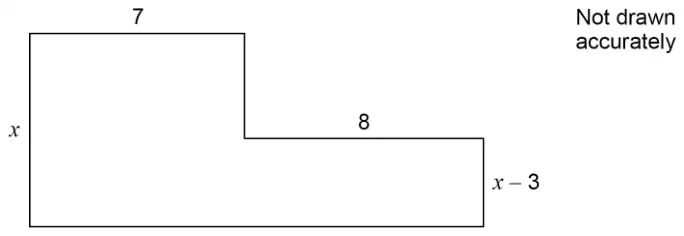 L-shaped patio made of a rectangle 7 by x and a rectangle 8 by x − 3; not drawn accurately