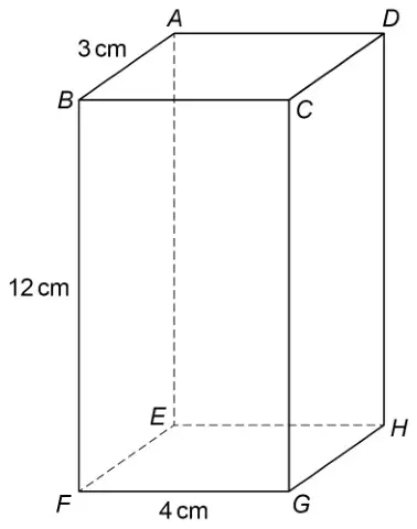 Cuboid ABCDEFGH with AB = 3 cm, BF = 12 cm and FG = 4 cm
